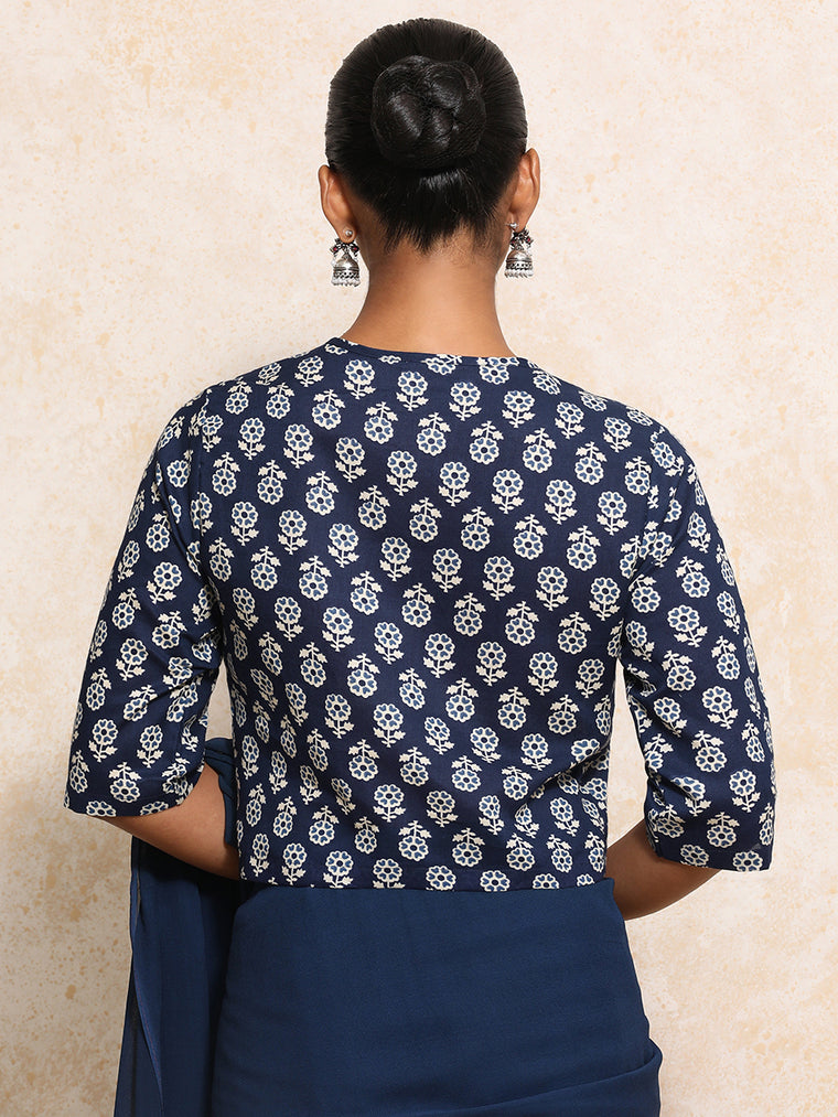 Chaitali x Rozaana Saree Blouse, in Blue 100% Cotton - Block Printed, featuring elbow sleeves and jewel neckline (view 2).