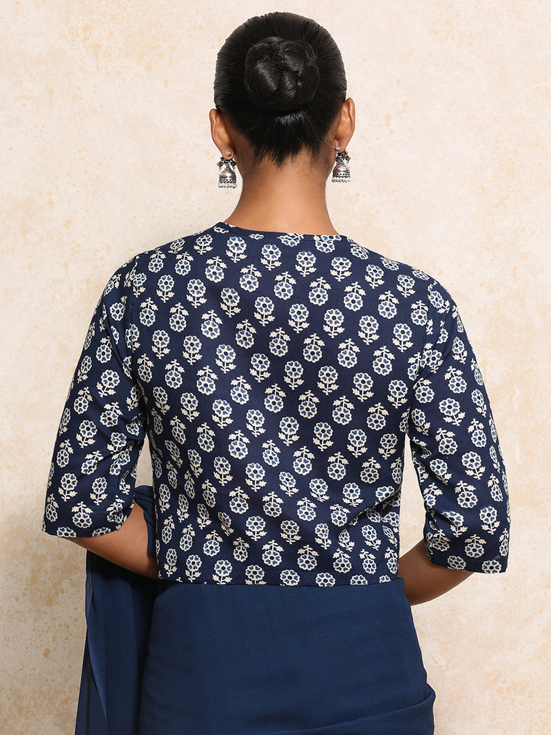 Chaitali x Rozaana | Elbow Sleeves Saree Blouse in Indigo Blue Flower Block Print Cotton-Binks