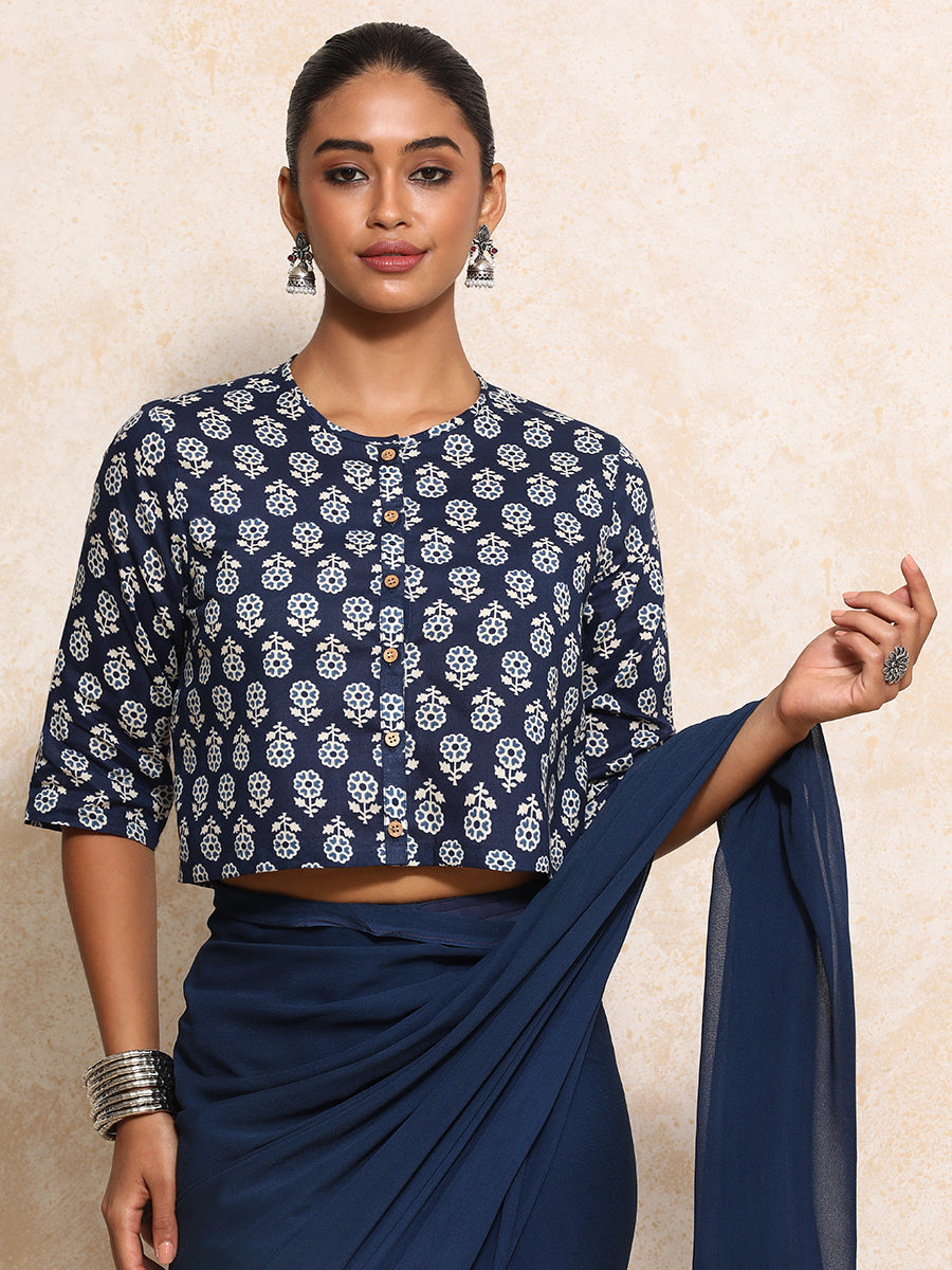 Chaitali x Rozaana Saree Blouse, in Blue 100% Cotton - Block Printed, featuring elbow sleeves and jewel neckline (view 4).