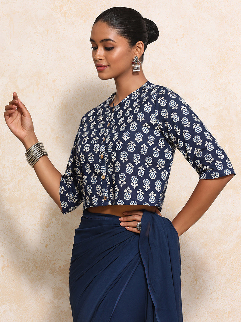 Chaitali x Rozaana | Elbow Sleeves Saree Blouse in Indigo Blue Flower Block Print Cotton-Binks