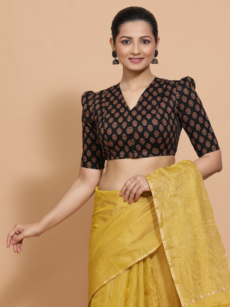Chaitra x Rozaana | Elbow Sleeves Cotton Saree Blouse in Black Peacock Block Print Fabric-Binks