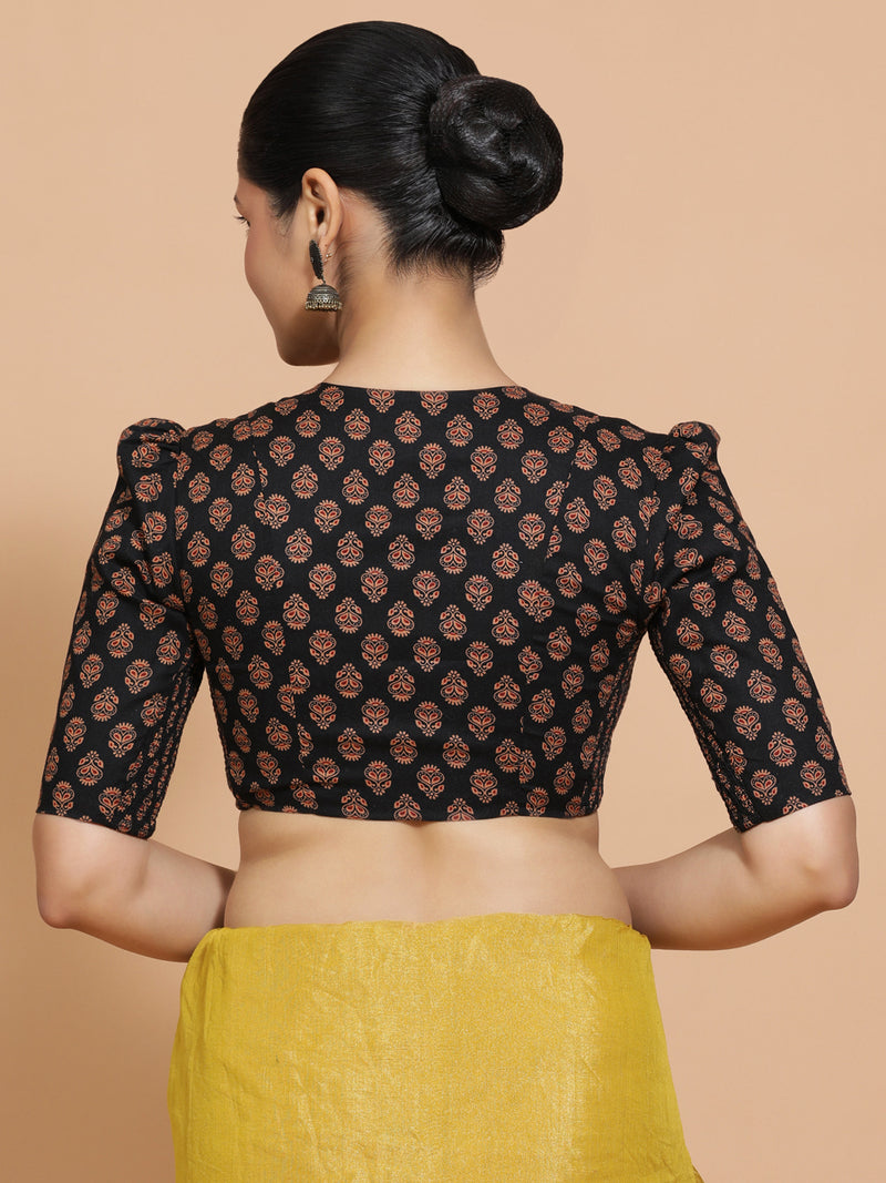 Chaitra x Rozaana | Elbow Sleeves Cotton Saree Blouse in Black Peacock Block Print Fabric-Binks