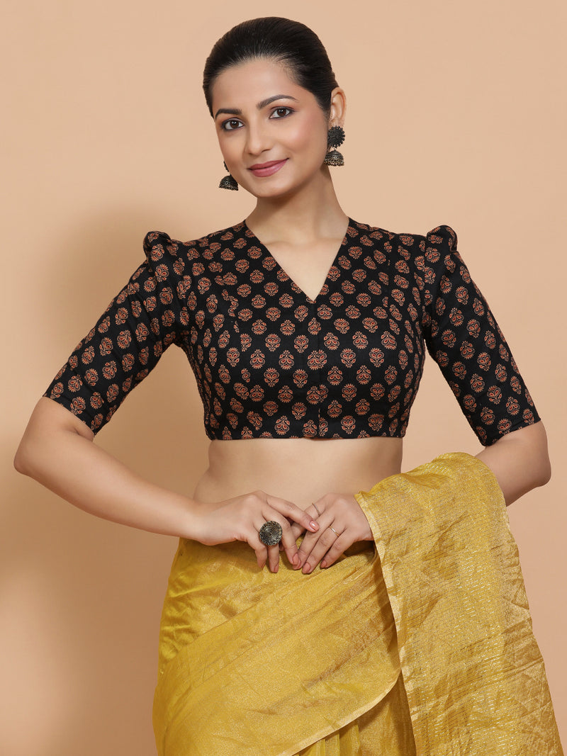Chaitra x Rozaana | Elbow Sleeves Cotton Saree Blouse in Black Peacock Block Print Fabric-Binks