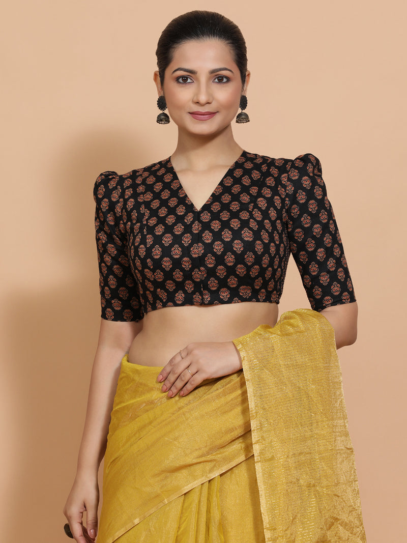 Chaitra x Rozaana | Elbow Sleeves Cotton Saree Blouse in Black Peacock Block Print Fabric-Binks