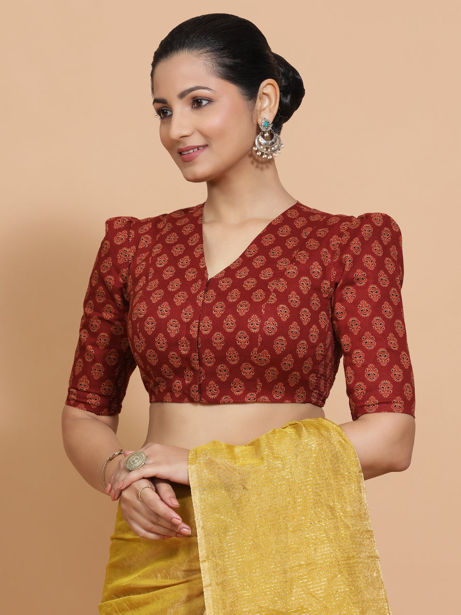 Chaitra x Rozaana Saree Blouse, in Red Cotton, featuring elbow sleeves and v-neckline, made for daily & work.