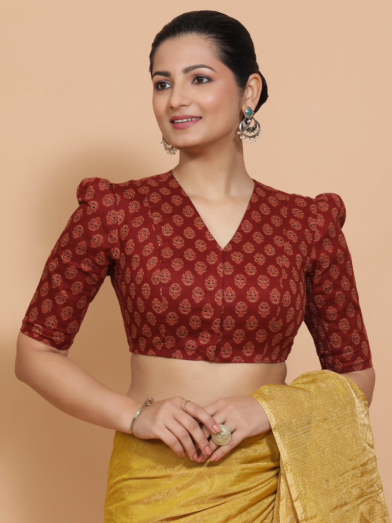 Chaitra x Rozaana | Elbow Sleeves Cotton Saree Blouse in Red Peacock Block Print Fabric-Binks