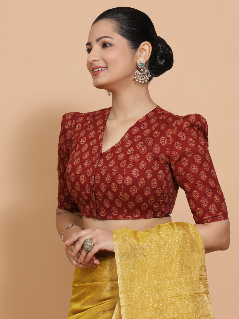 Chaitra x Rozaana | Elbow Sleeves Cotton Saree Blouse in Red Peacock Block Print Fabric-Binks