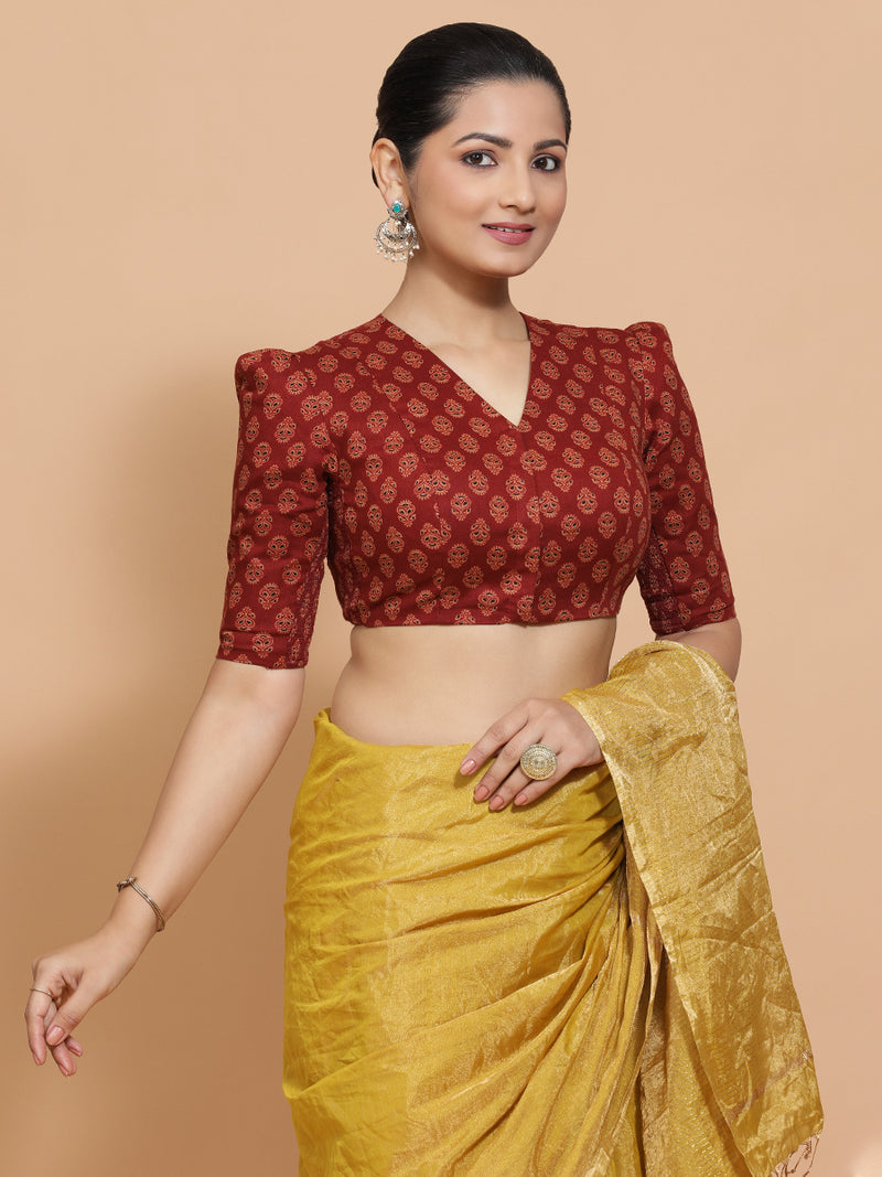 Chaitra x Rozaana | Elbow Sleeves Cotton Saree Blouse in Red Peacock Block Print Fabric-Binks