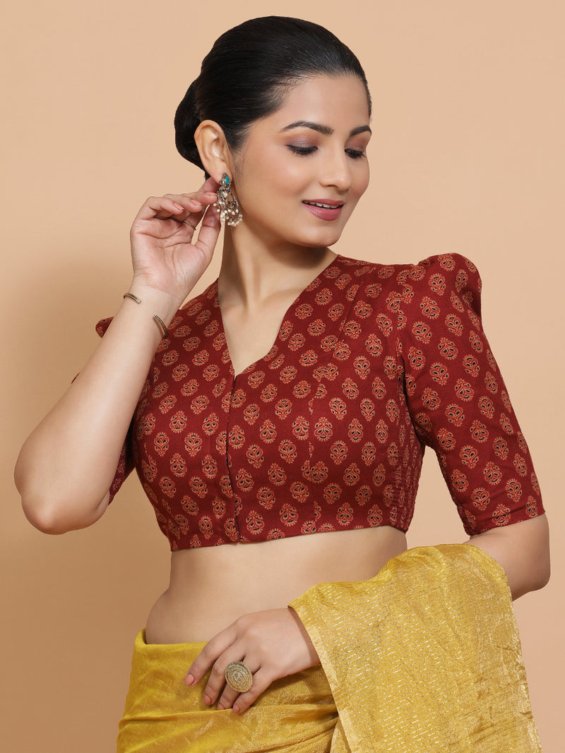 Chaitra x Rozaana | Elbow Sleeves Cotton Saree Blouse in Red Peacock Block Print Fabric-Binks