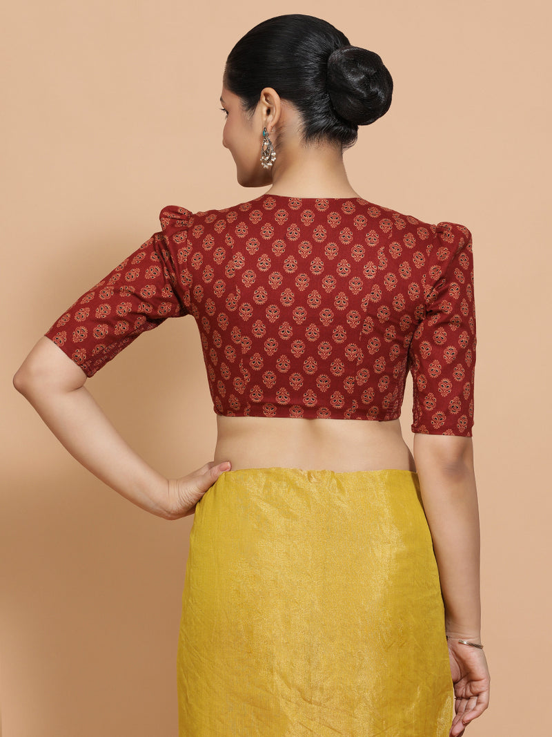 Chaitra x Rozaana | Elbow Sleeves Cotton Saree Blouse in Red Peacock Block Print Fabric-Binks
