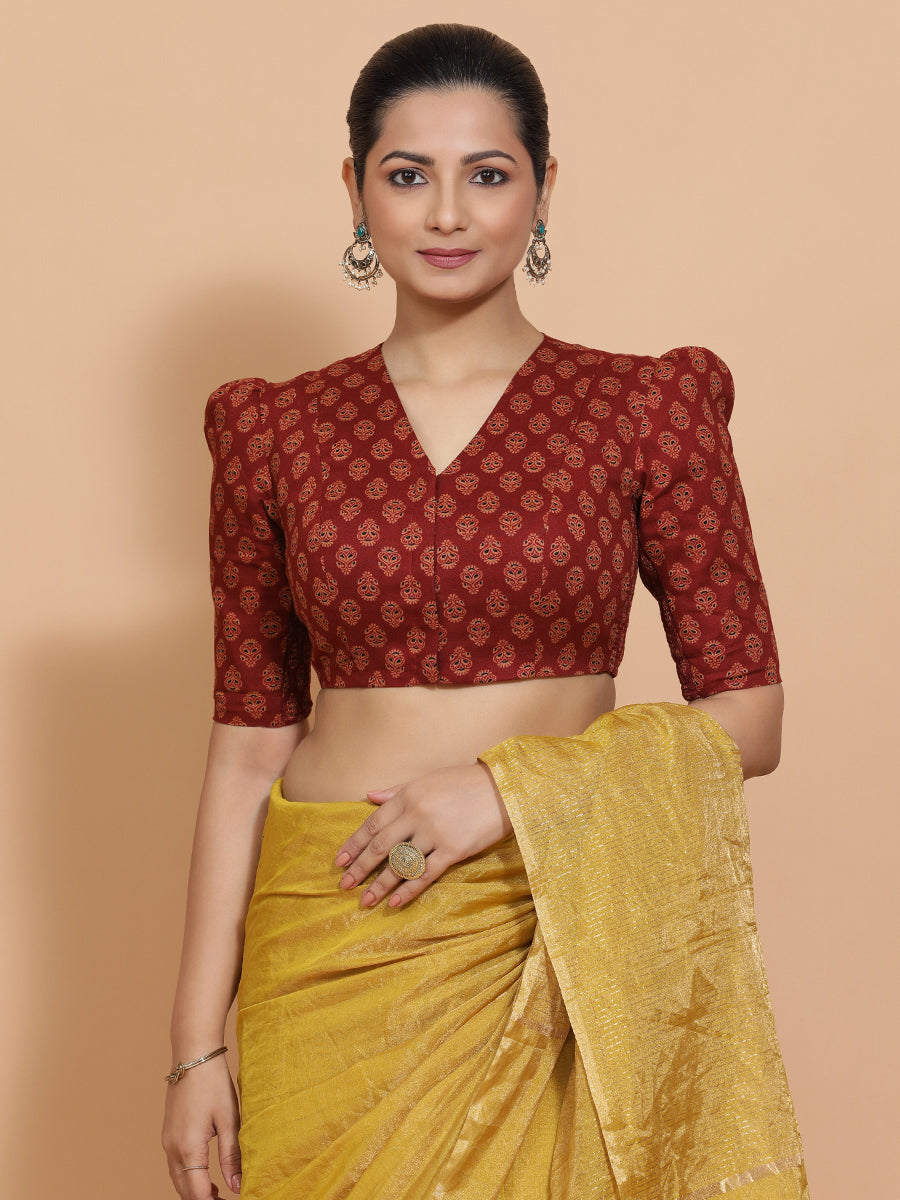 Chaitra x Rozaana Saree Blouse, in Red Cotton, featuring elbow sleeves and v-neckline, made for daily & work (view 5).