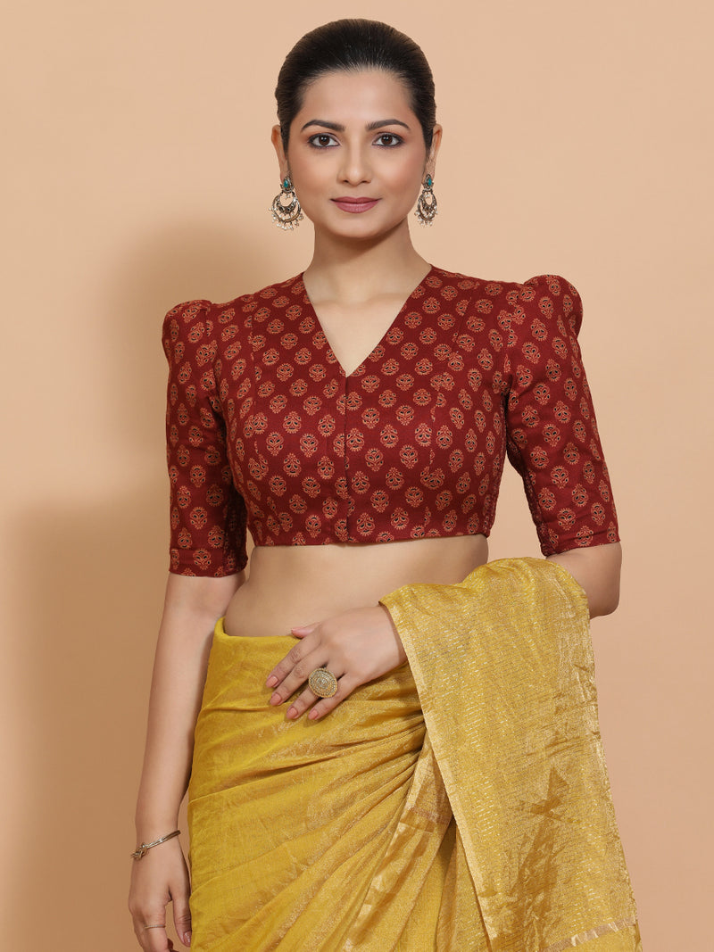 Chaitra x Rozaana | Elbow Sleeves Cotton Saree Blouse in Red Peacock Block Print Fabric-Binks