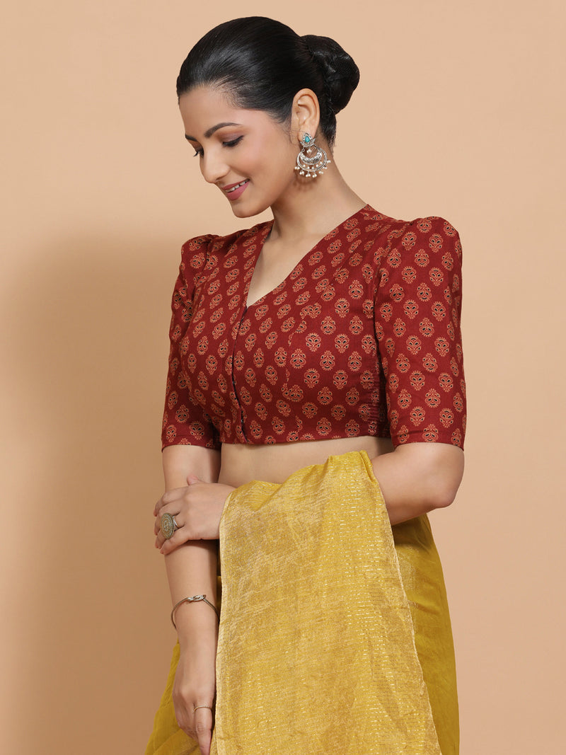 Chaitra x Rozaana | Elbow Sleeves Cotton Saree Blouse in Red Peacock Block Print Fabric-Binks
