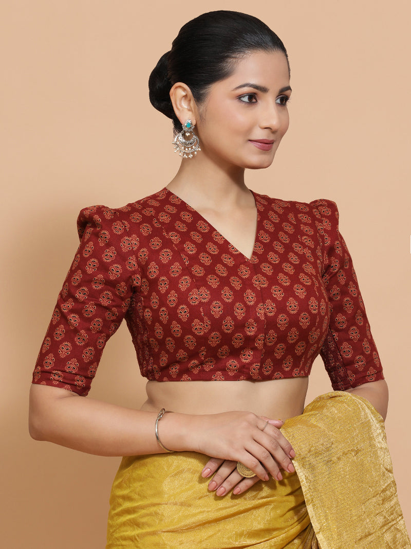 Chaitra x Rozaana | Elbow Sleeves Cotton Saree Blouse in Red Peacock Block Print Fabric-Binks