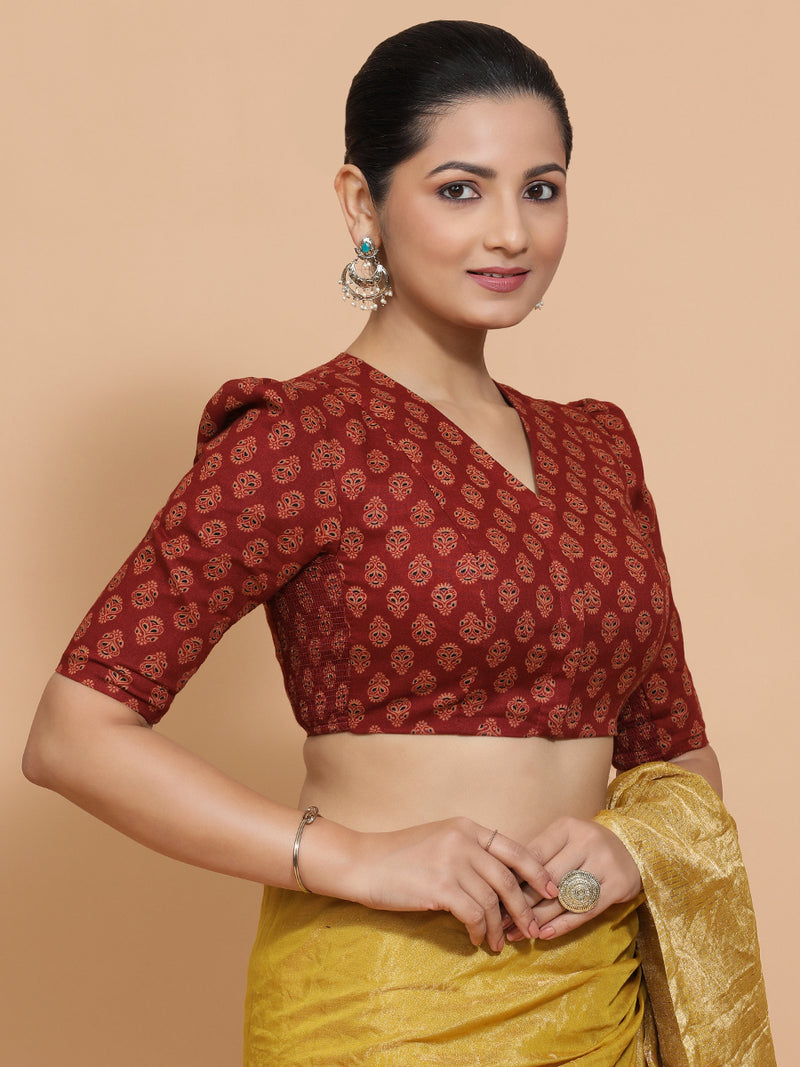 Chaitra x Rozaana | Elbow Sleeves Cotton Saree Blouse in Red Peacock Block Print Fabric-Binks