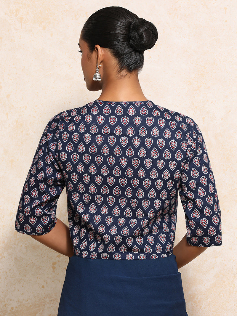 Chakori x Rozaana | Elbow Sleeves Saree Blouse in Indigo Blue Spade Block Print Cotton-Binks
