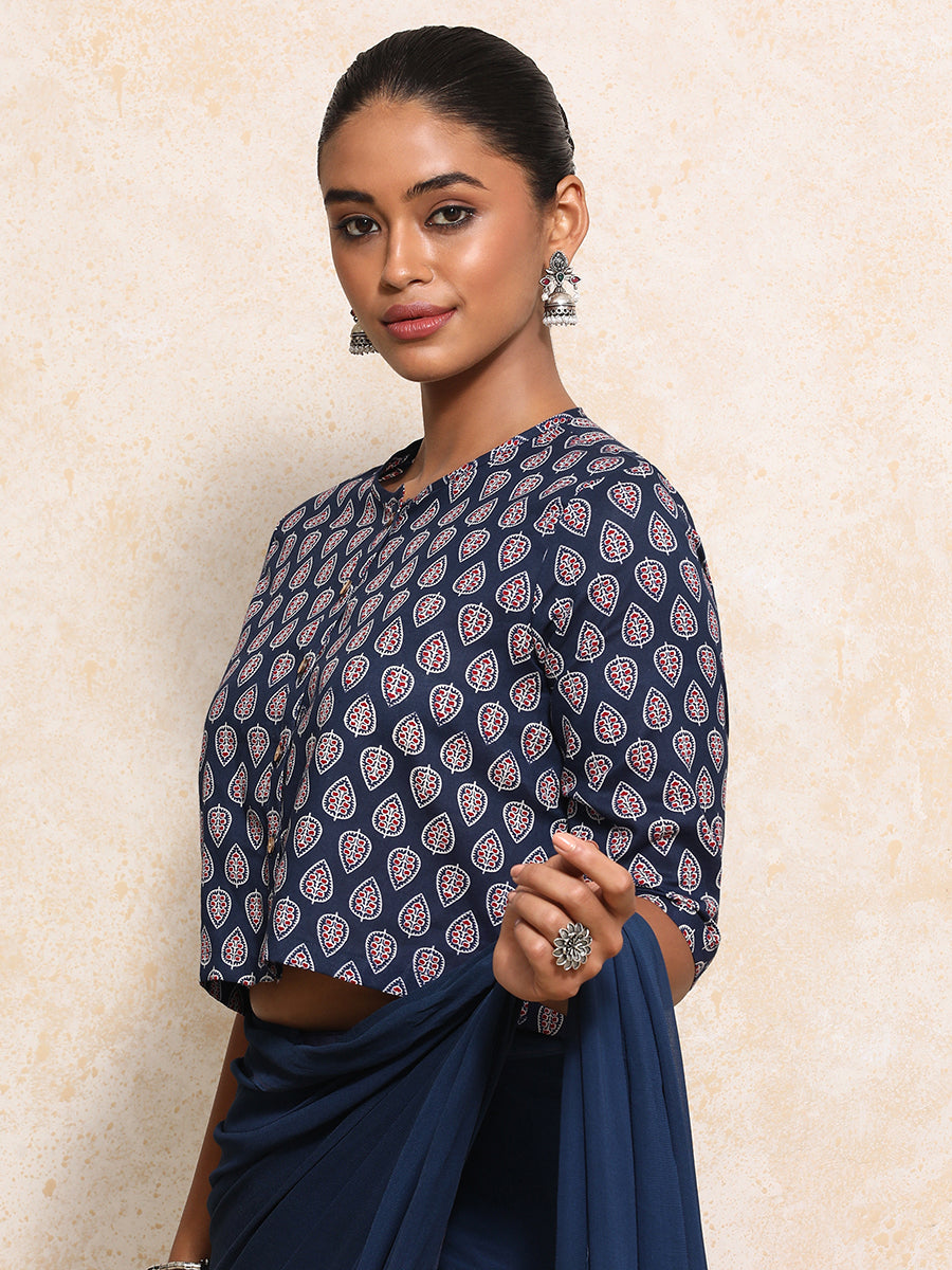Chakori x Rozaana Saree Blouse, in Blue 100% Cotton - Block Printed, featuring elbow sleeves and jewel neckline (view 7).