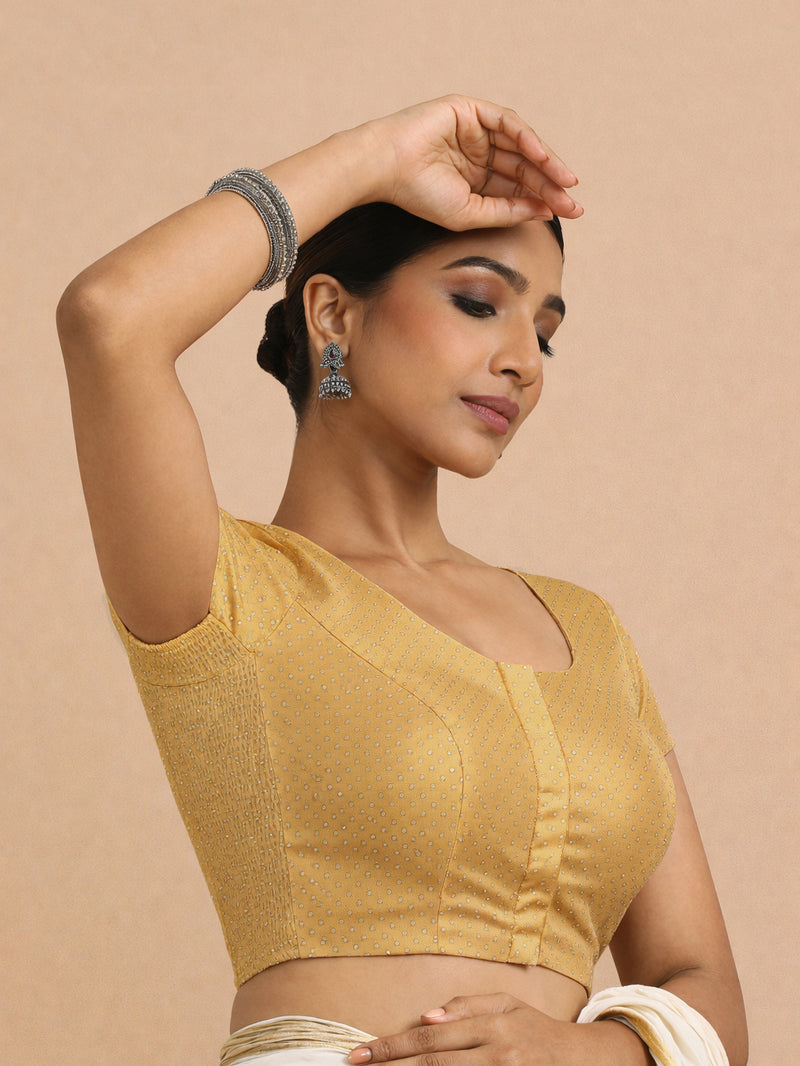 Chandrika x Tyohaar | Short Sleeve Gold Foil Chandheri Saree Blouse-Binks