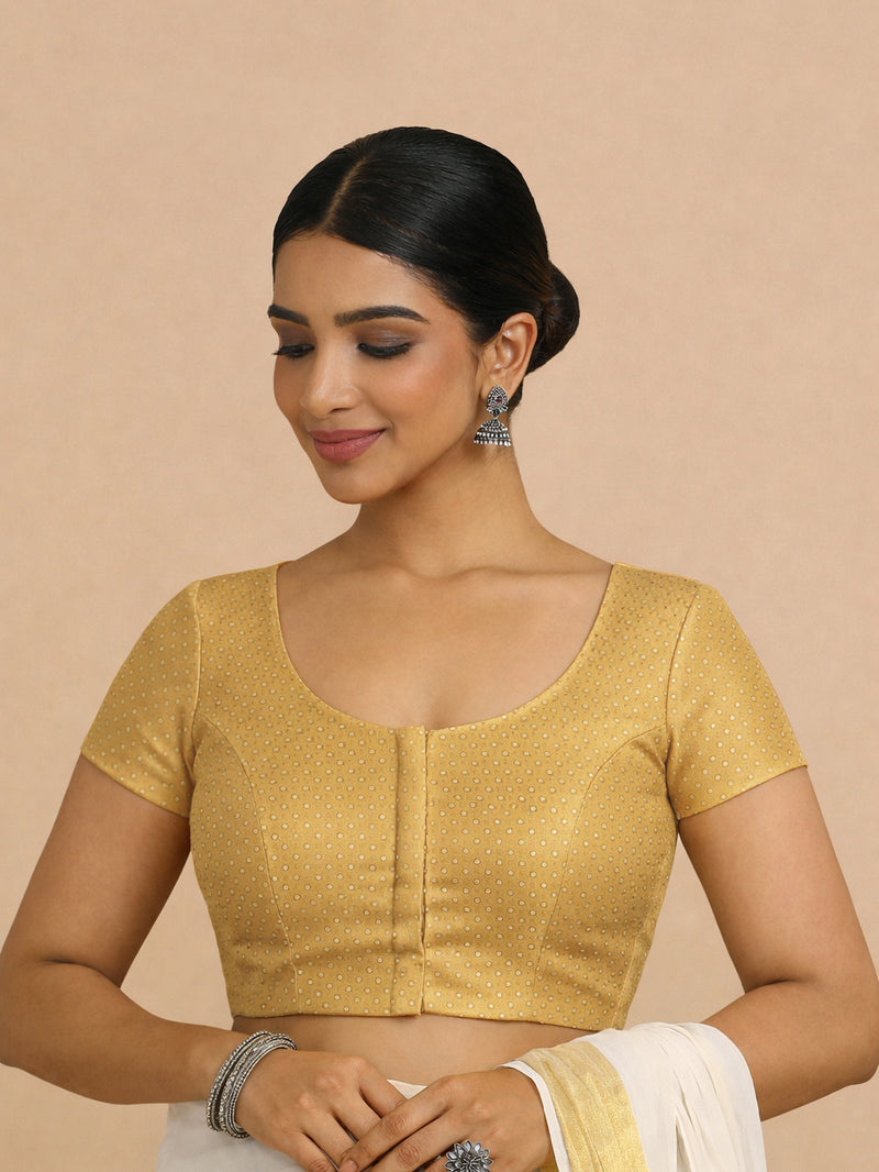 Chandrika x Tyohaar | Short Sleeve Gold Foil Chandheri Saree Blouse-Binks