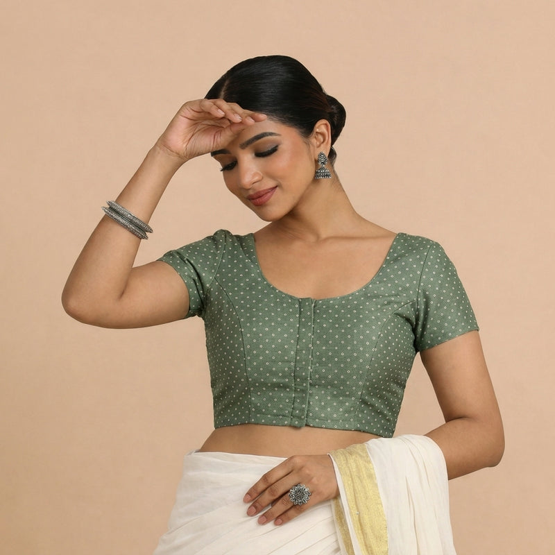 Chandrika x Tyohaar | Short Sleeve Green Foil Chandheri Saree Blouse-Binks