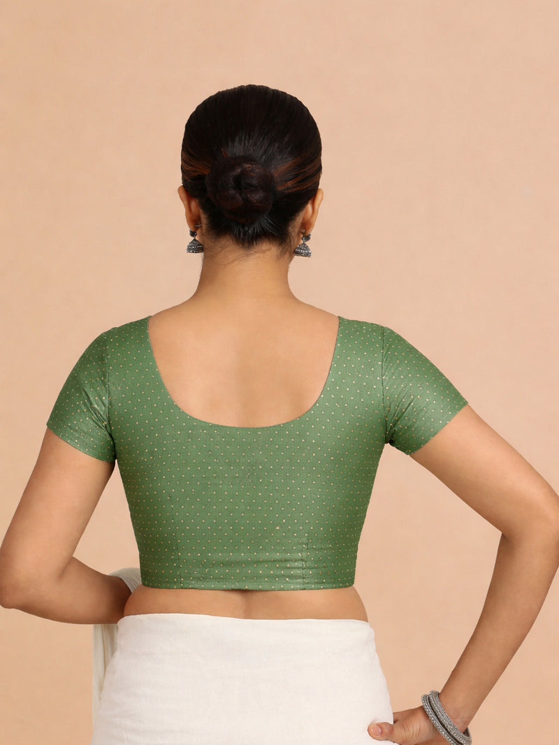 Chandrika x Tyohaar | Short Sleeve Green Foil Chandheri Saree Blouse-Binks