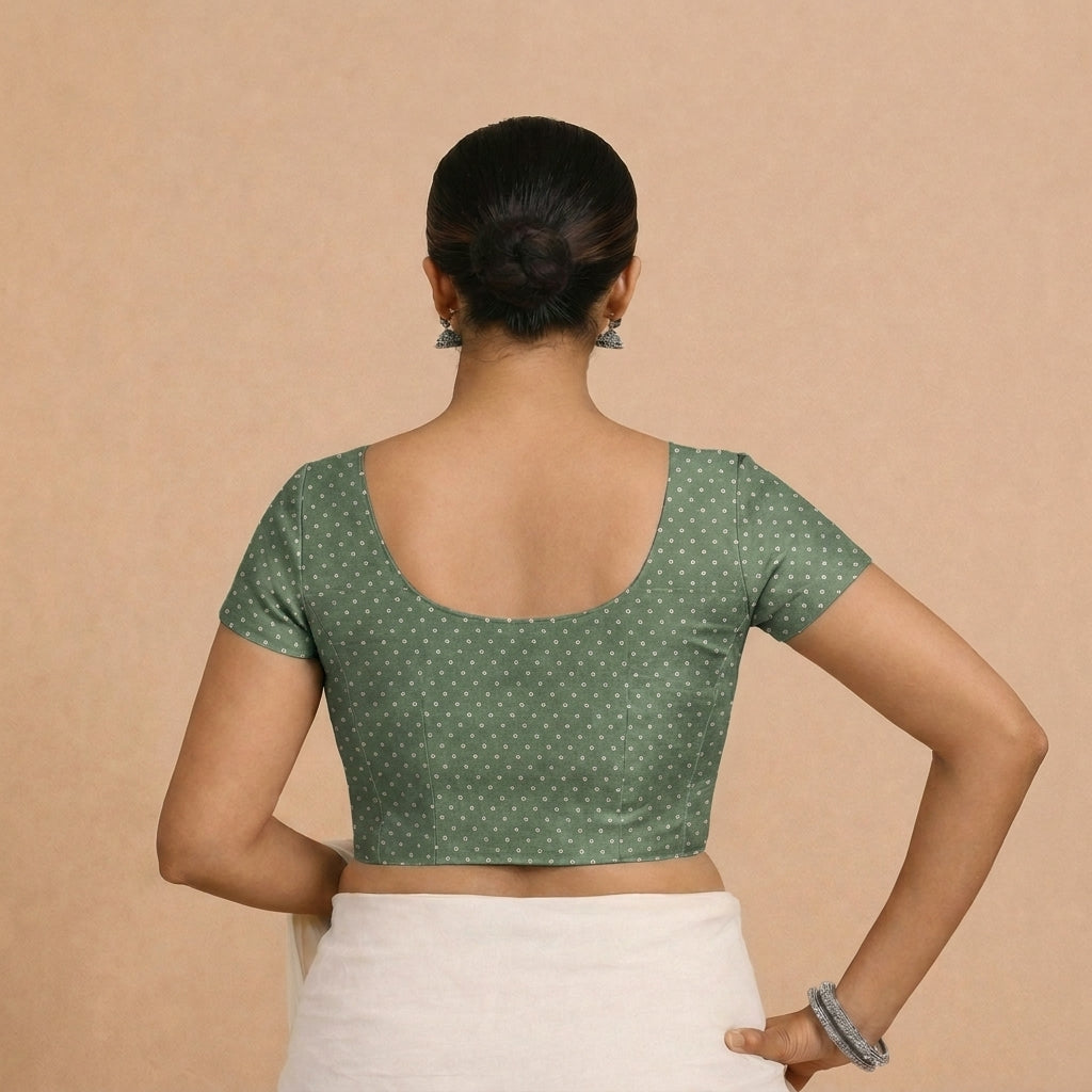 Chandrika x Tyohaar Saree Blouse, in Green Chandheri, featuring short sleeves and round neckline, made for party & festive.