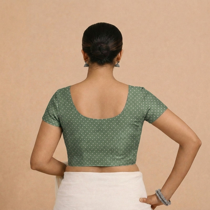 Chandrika x Tyohaar | Short Sleeve Green Foil Chandheri Saree Blouse-Binks