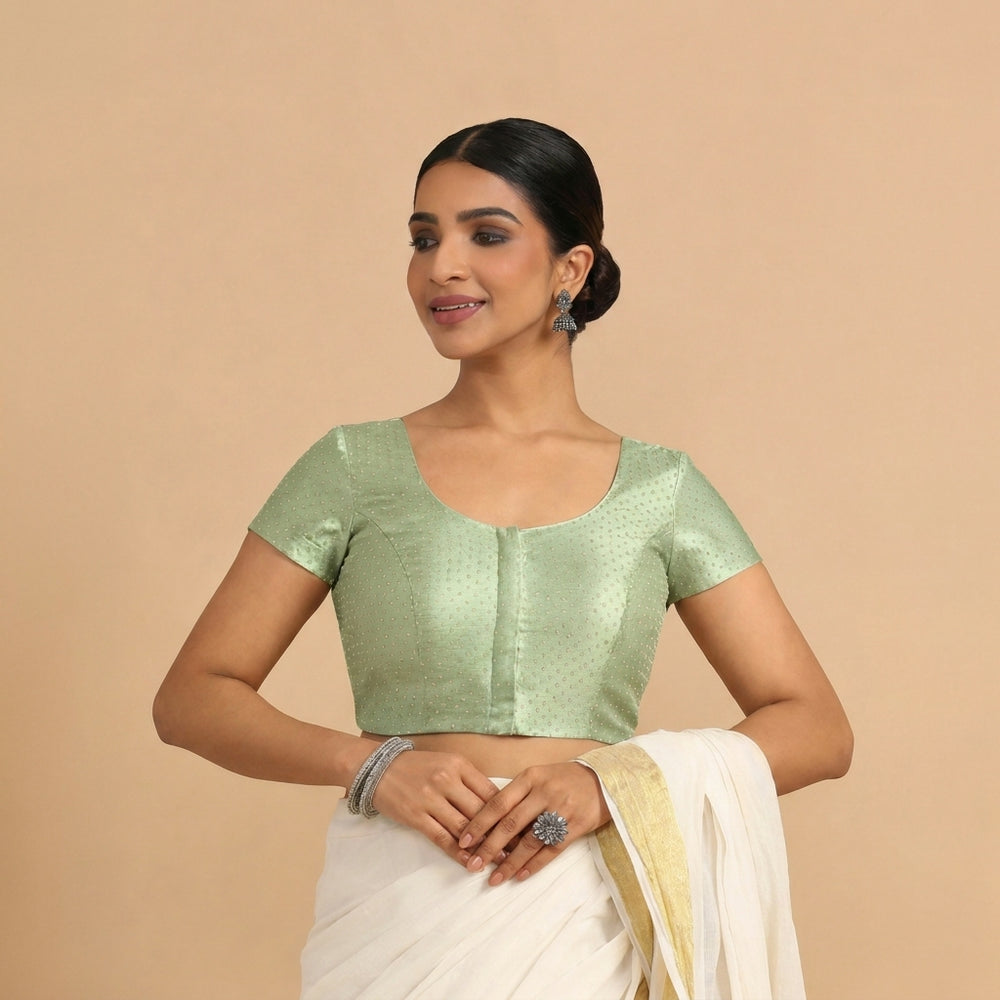 Chandrika x Tyohaar | Short Sleeve Light Green Foil Chandheri Saree Blouse