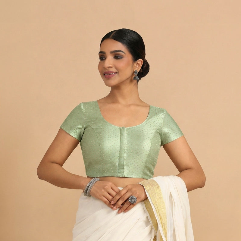 Chandrika x Tyohaar | Short Sleeve Light Green Foil Chandheri Saree Blouse-Binks