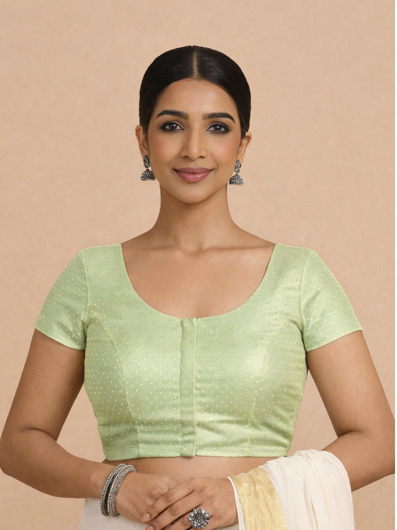 Chandrika x Tyohaar | Short Sleeve Light Green Foil Chandheri Saree Blouse-Binks