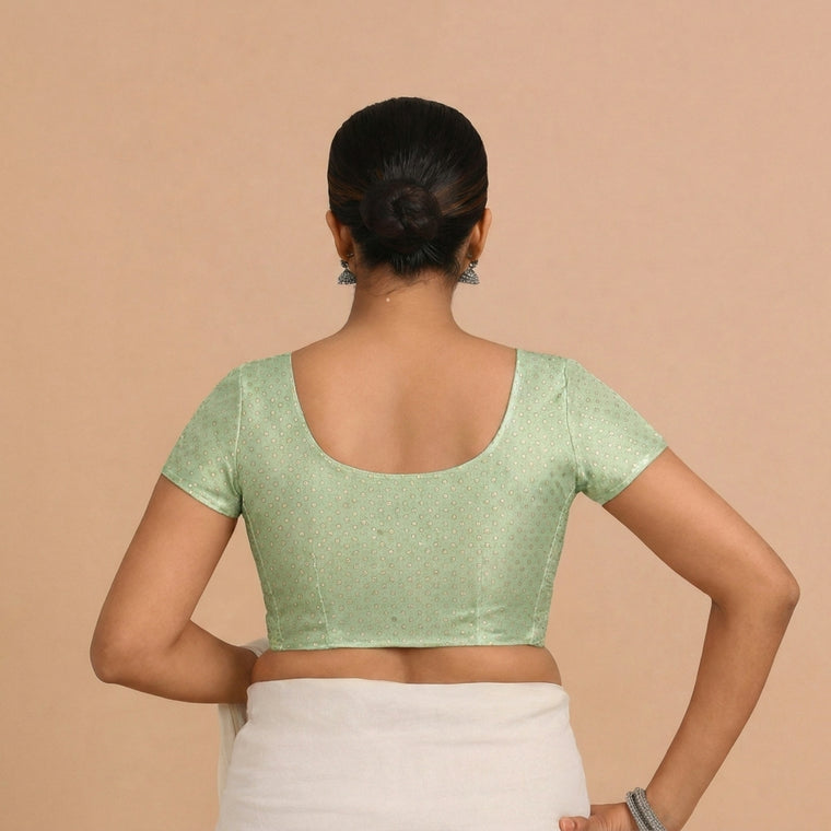 Chandrika x Tyohaar Saree Blouse, in Green Chandheri, featuring short sleeves and round neckline, made for party & festive.