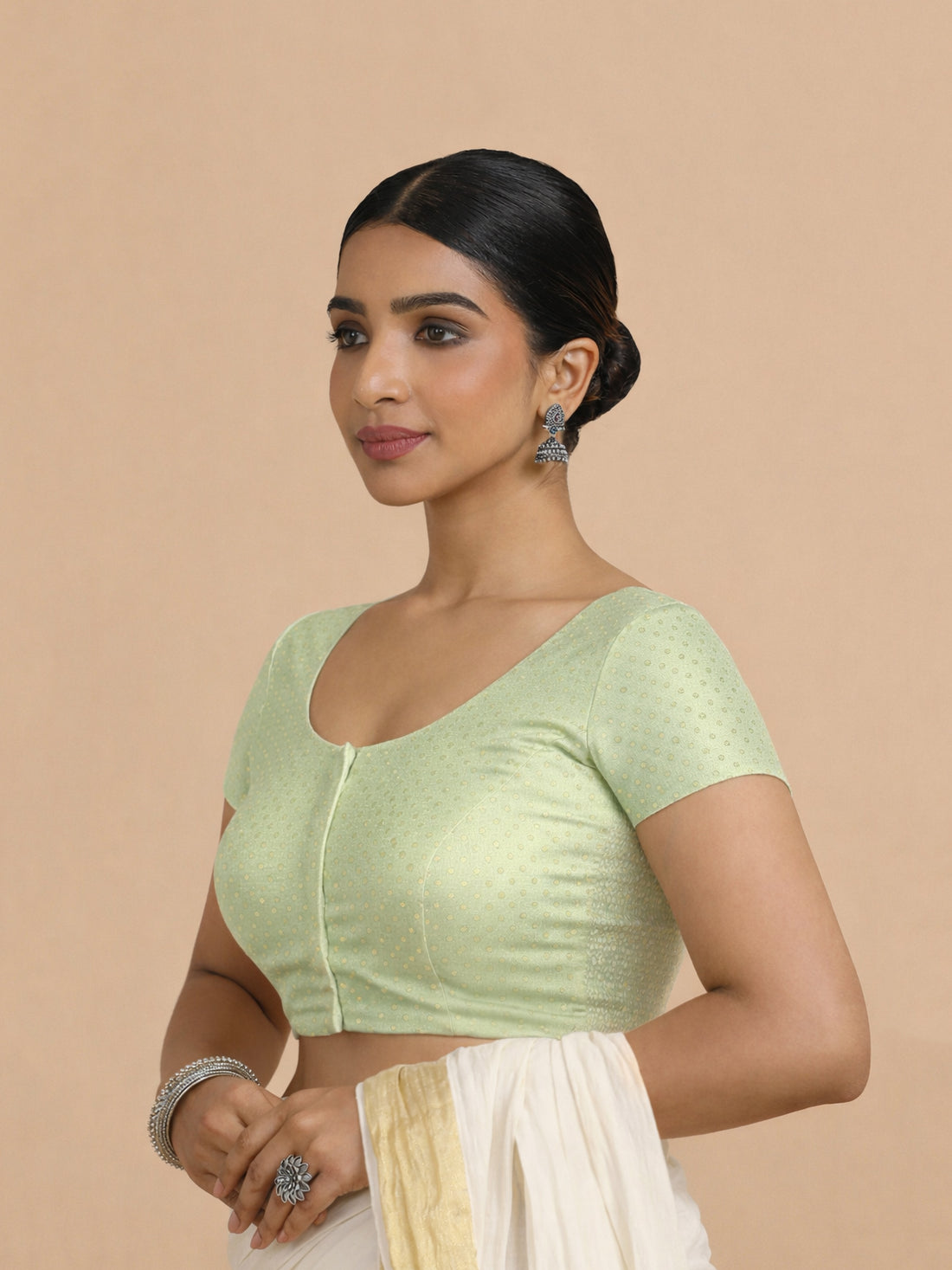 Chandrika x Tyohaar Saree Blouse, in Green Chandheri, featuring short sleeves and round neckline, made for party & festive.