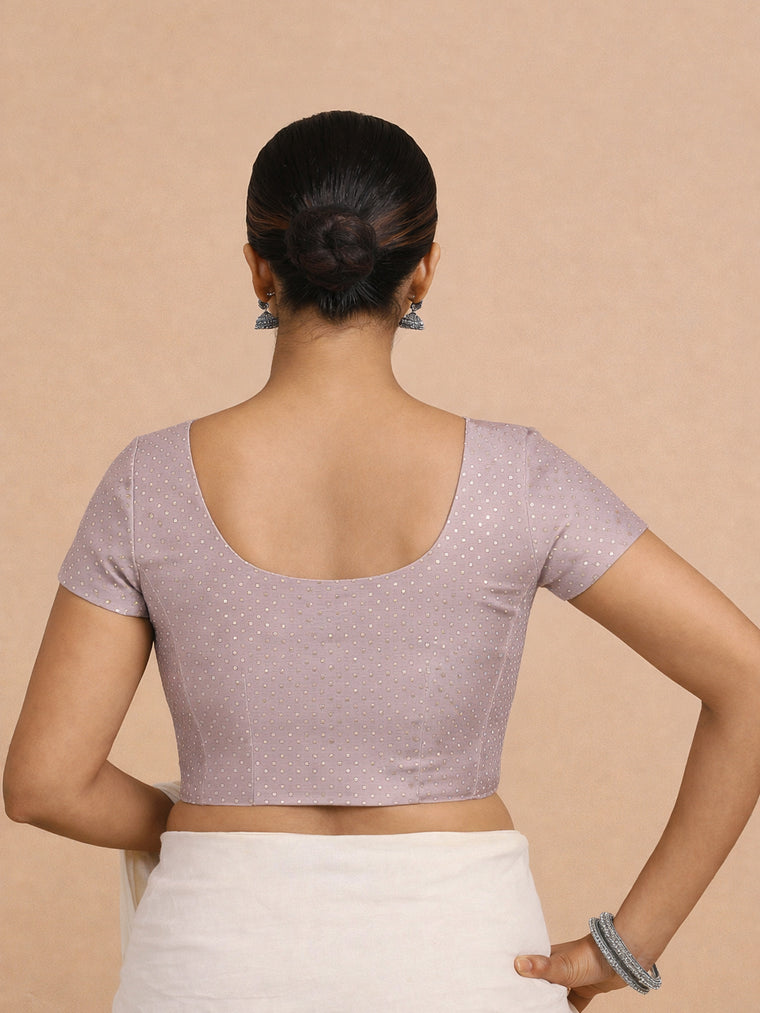 Chandrika x Tyohaar Saree Blouse, in Purple Chandheri, featuring short sleeves and round neckline, made for party & festive.