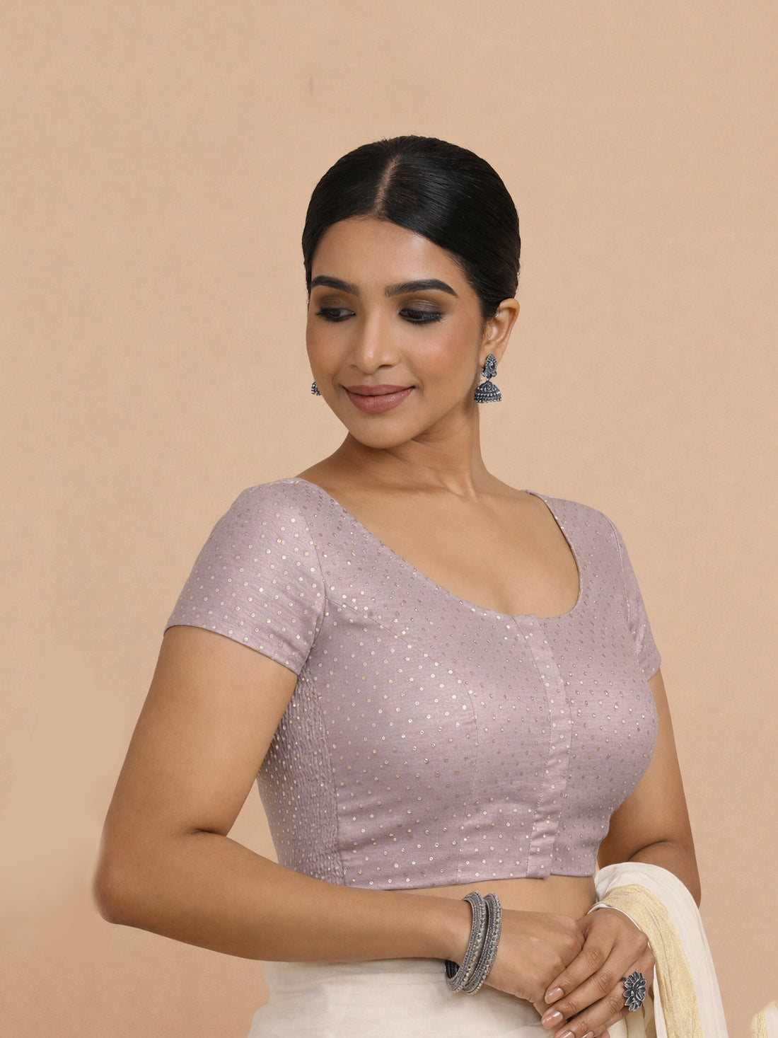 Chandrika x Tyohaar Saree Blouse, in Purple Chandheri, featuring short sleeves and round neckline, made for party & festive.