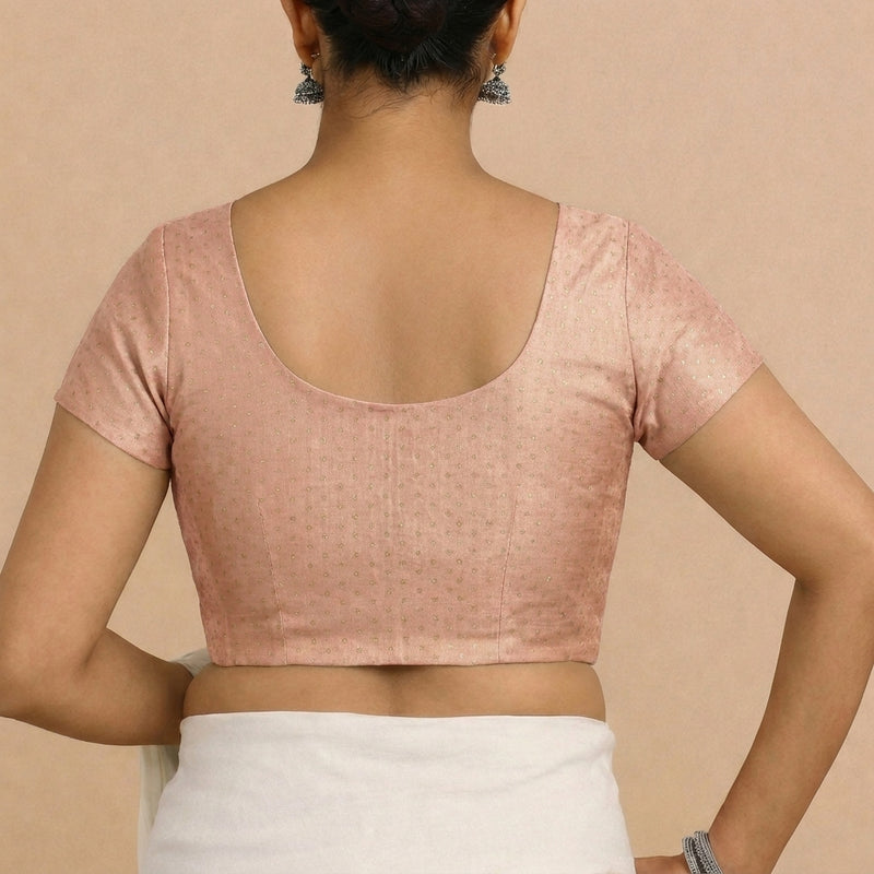 Chandrika x Tyohaar | Short Sleeve Muted Copper Foil Chandheri Saree Blouse-Binks