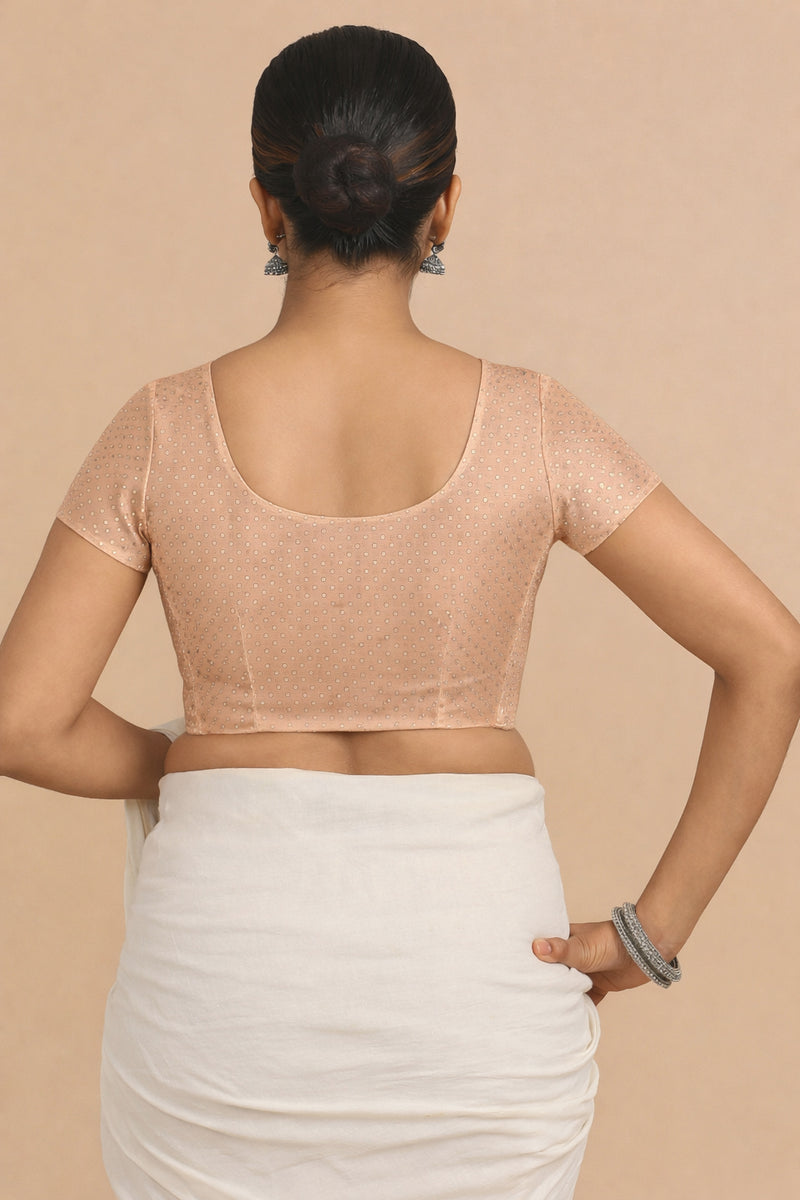 Chandrika x Tyohaar | Short Sleeve Muted Copper Foil Chandheri Saree Blouse-Binks