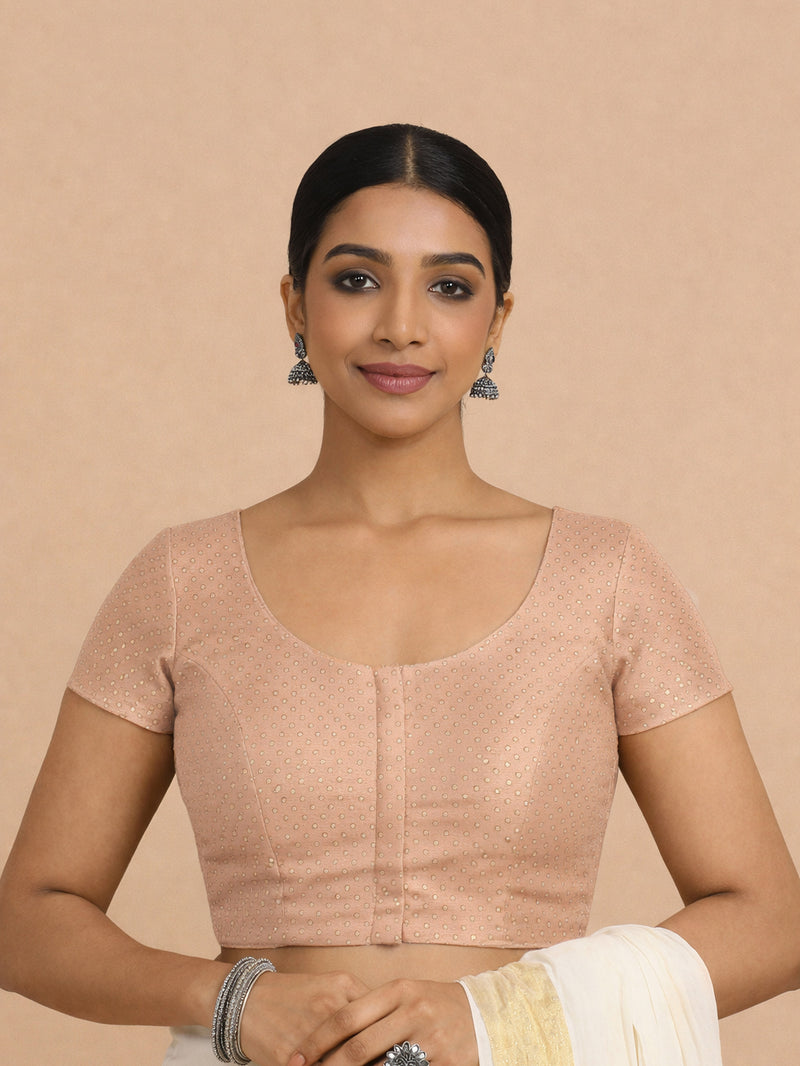 Chandrika x Tyohaar | Short Sleeve Muted Copper Foil Chandheri Saree Blouse-Binks