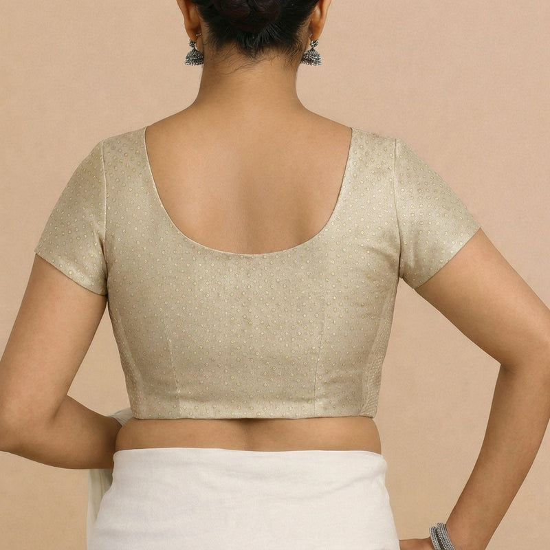 Chandrika x Tyohaar | Short Sleeve Oyster Grey Foil Chandheri Saree Blouse-Binks