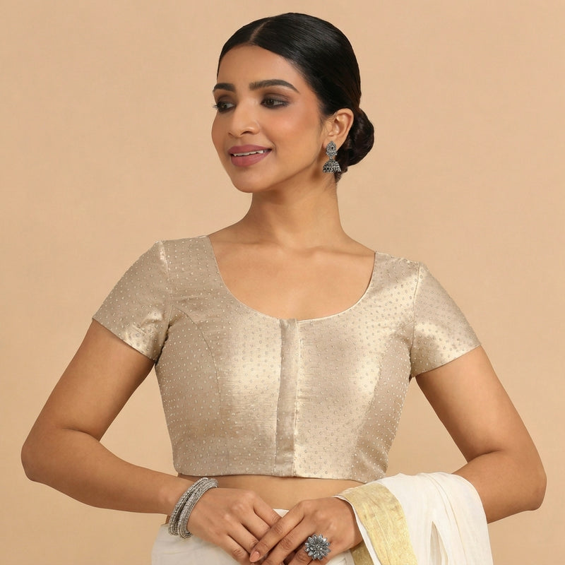 Chandrika x Tyohaar | Short Sleeve Oyster Grey Foil Chandheri Saree Blouse-Binks