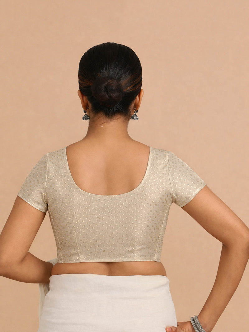 Chandrika x Tyohaar | Short Sleeve Oyster Grey Foil Chandheri Saree Blouse-Binks