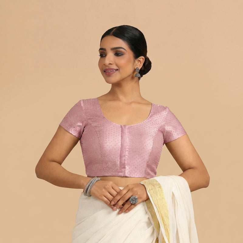 Chandrika x Tyohaar | Short Sleeve Pink Foil Chandheri Saree Blouse-Binks
