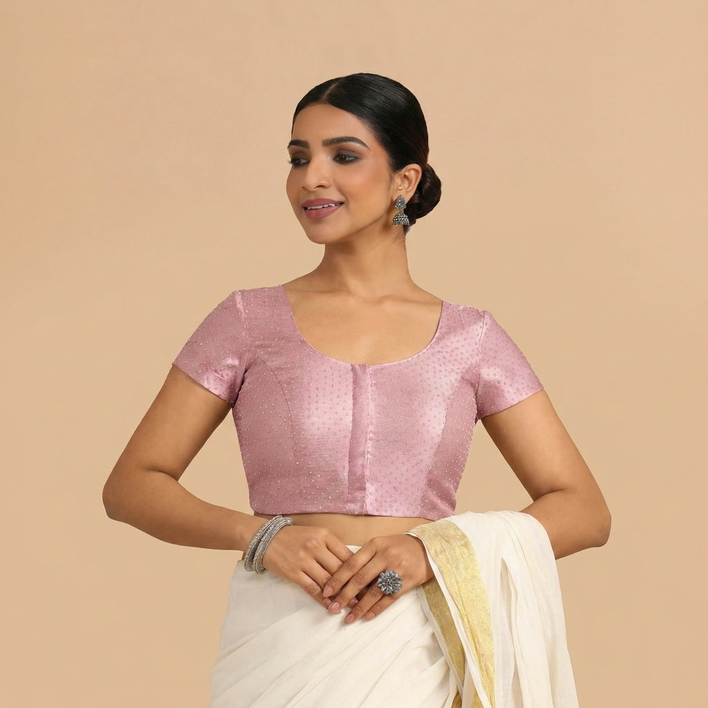 Krusha Reversible Duet | Pink × Ecru Beige Chandheri-Linen Saree Blouse