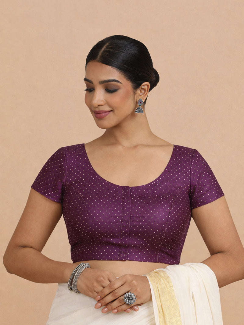 Chandrika x Tyohaar | Short Sleeve Purple Foil Chandheri Saree Blouse-Binks