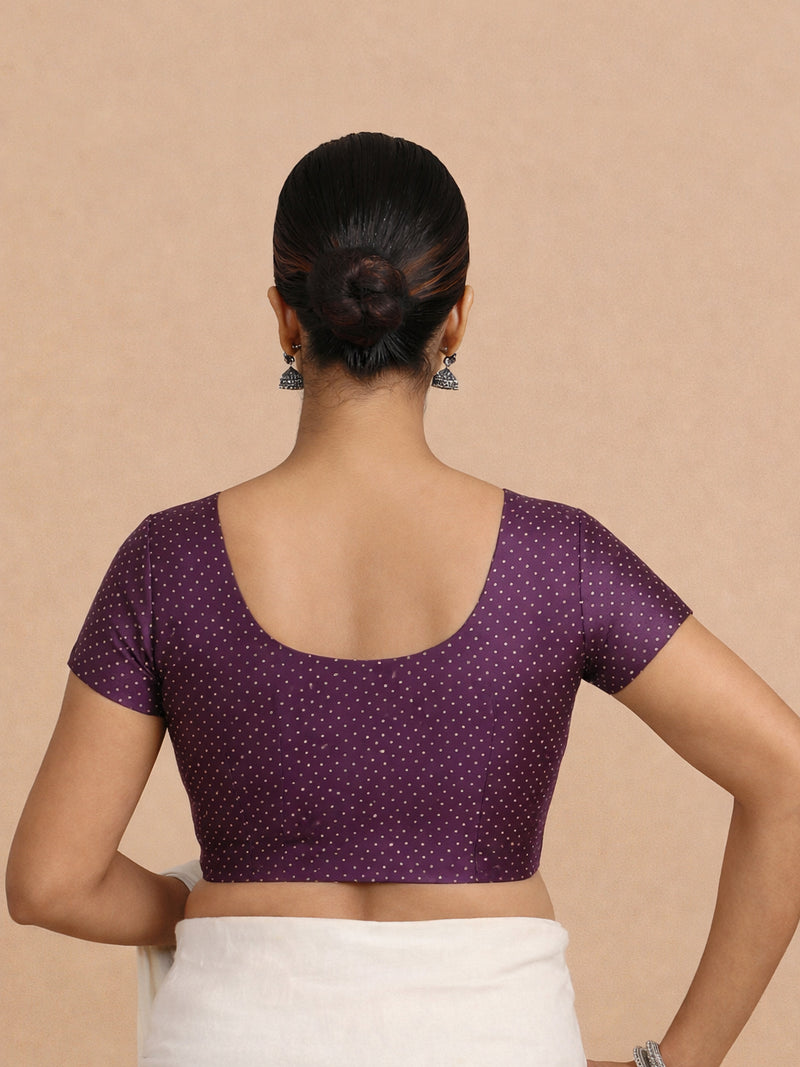 Chandrika x Tyohaar | Short Sleeve Purple Foil Chandheri Saree Blouse-Binks