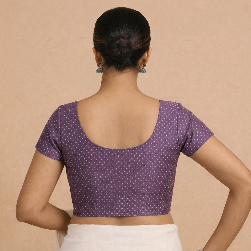 Chandrika x Tyohaar | Short Sleeve Purple Foil Chandheri Saree Blouse-Binks