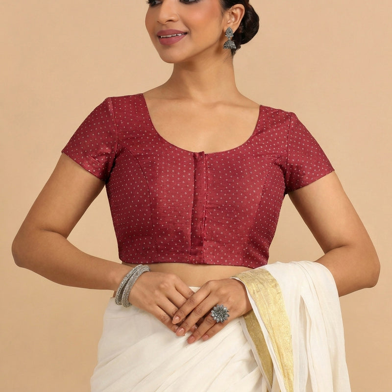 Chandrika x Tyohaar | Short Sleeve Red Foil Chandheri Saree Blouse-Binks