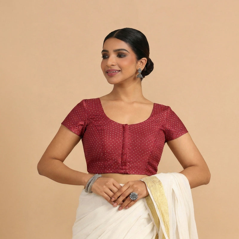 Chandrika x Tyohaar | Short Sleeve Red Foil Chandheri Saree Blouse-Binks