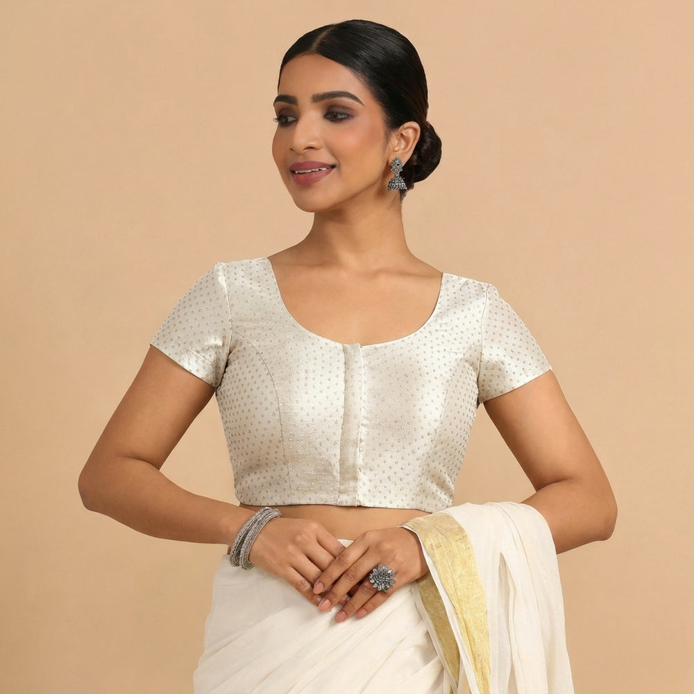 Chandrika x Tyohaar | Short Sleeve White Foil Chandheri Saree Blouse