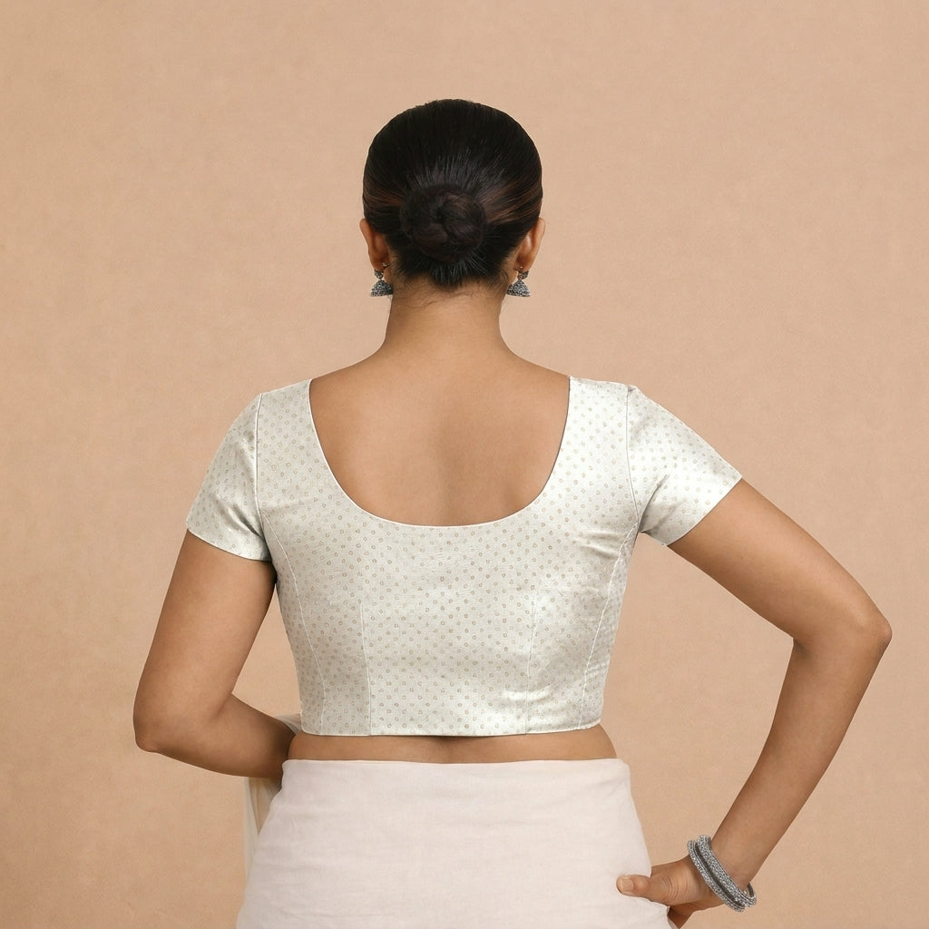 Chandrika x Tyohaar Saree Blouse, in White Chandheri, featuring short sleeves and round neckline, made for party & festive.