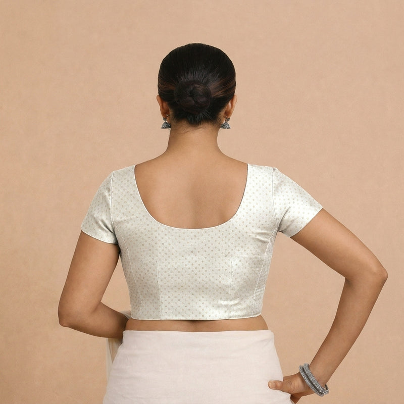Chandrika x Tyohaar | Short Sleeve White Foil Chandheri Saree Blouse-Binks